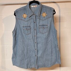 Vintage 90s Cumberland Outfitters Western Sleeveless Denim Shirt Pearl Snap XXL